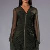 Mini Dresses * | Wren Ruched Zip Up Mesh Mini Dress In Olive