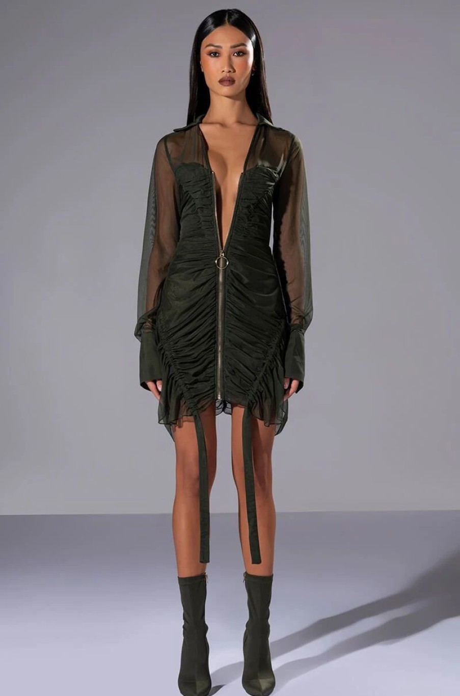 Mini Dresses * | Wren Ruched Zip Up Mesh Mini Dress In Olive