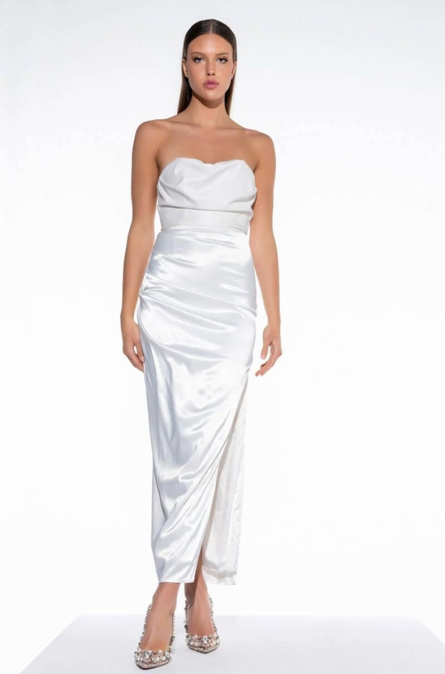 Sexy Dresses * | Luxe Vegan Leather And Satin Maxi Dress White