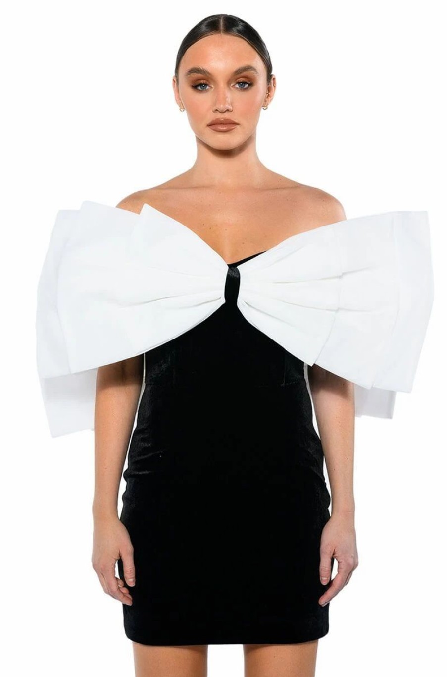 Mini Dresses * | Celine Statement Bow Velvet Mini Dress Black White