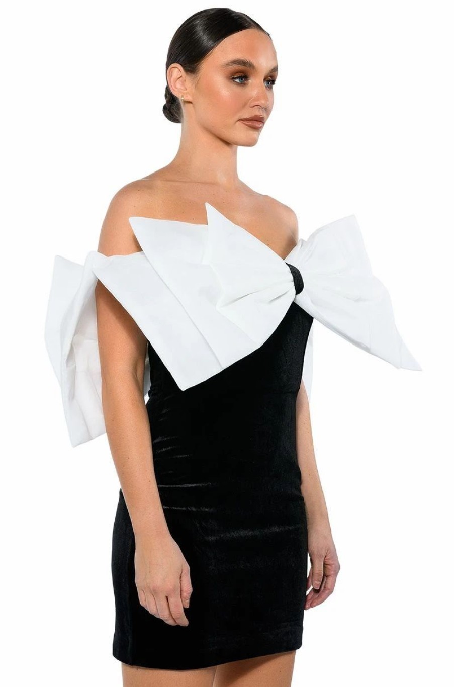 Mini Dresses * | Celine Statement Bow Velvet Mini Dress Black White