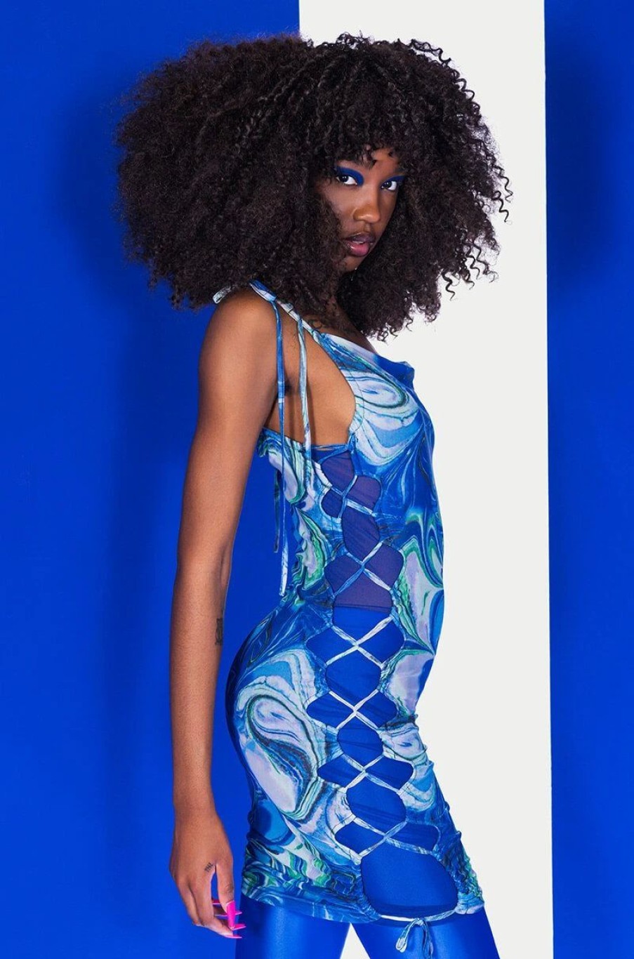 Sexy Dresses * | Lil Baby Mesh Print Mini Dress Blue Multi