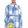 Mini Dresses * | Smiley Embellished Patch Flannel Trench Mini Dress Blue Multi