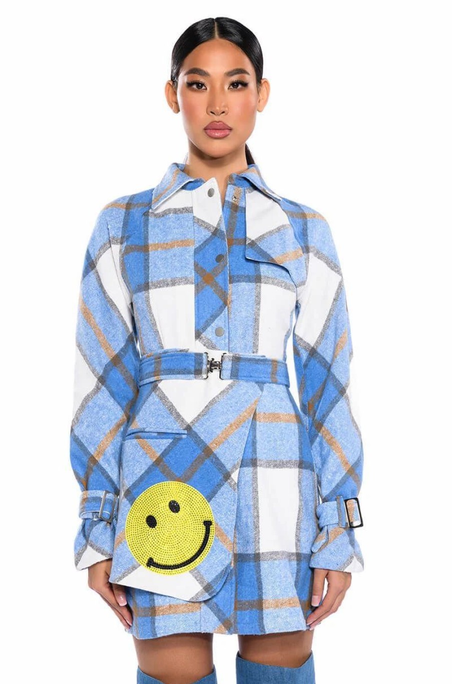 Mini Dresses * | Smiley Embellished Patch Flannel Trench Mini Dress Blue Multi