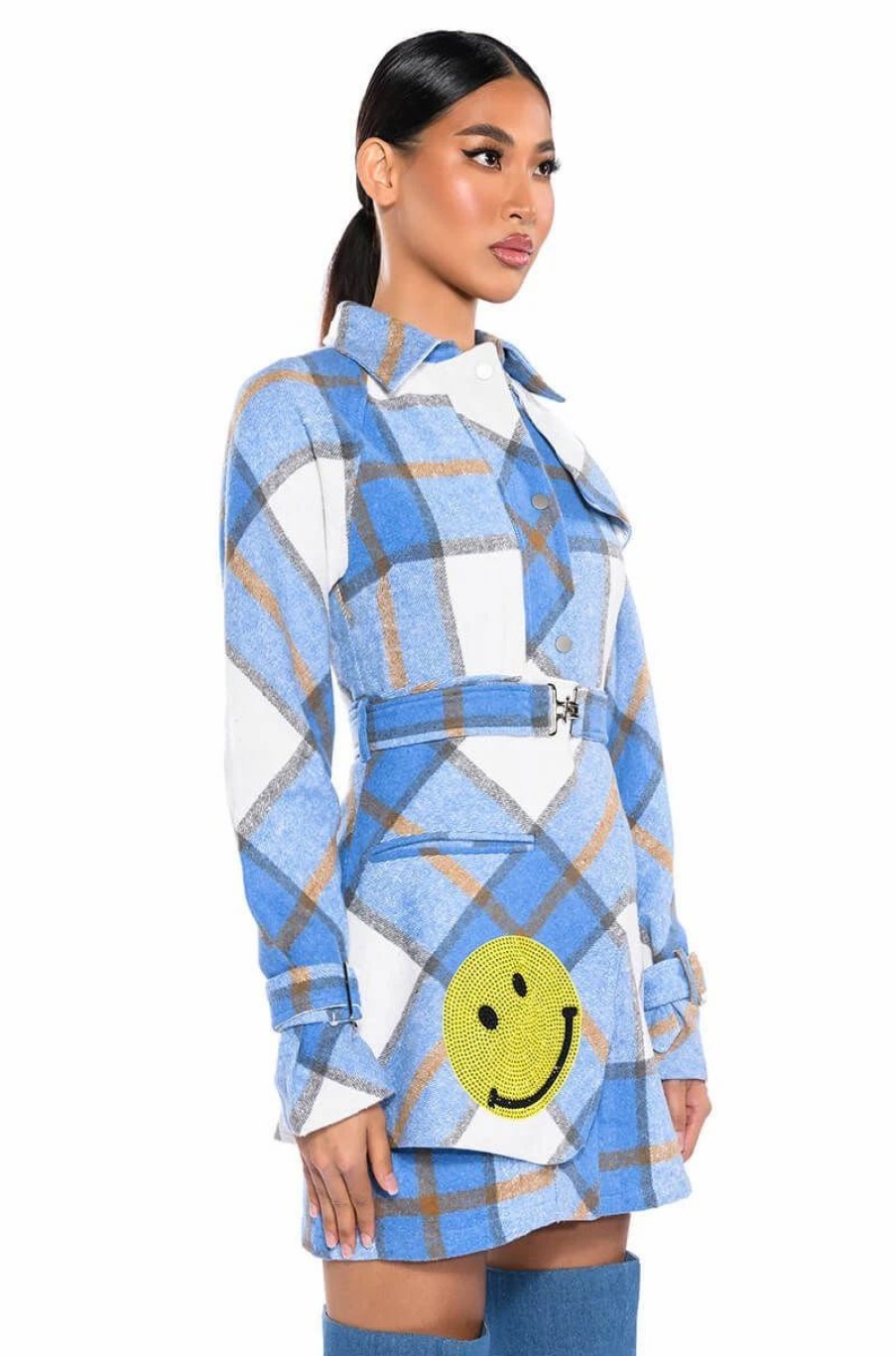 Mini Dresses * | Smiley Embellished Patch Flannel Trench Mini Dress Blue Multi