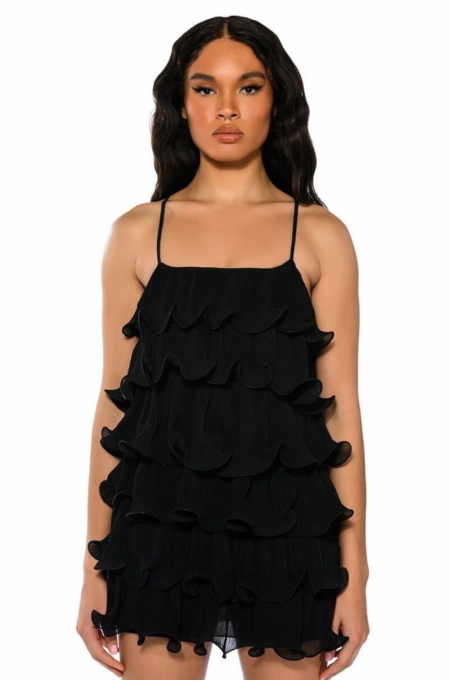 Mini Dresses * | Sweetie Pleated Ruffle Sleeveless Mini Dress Black