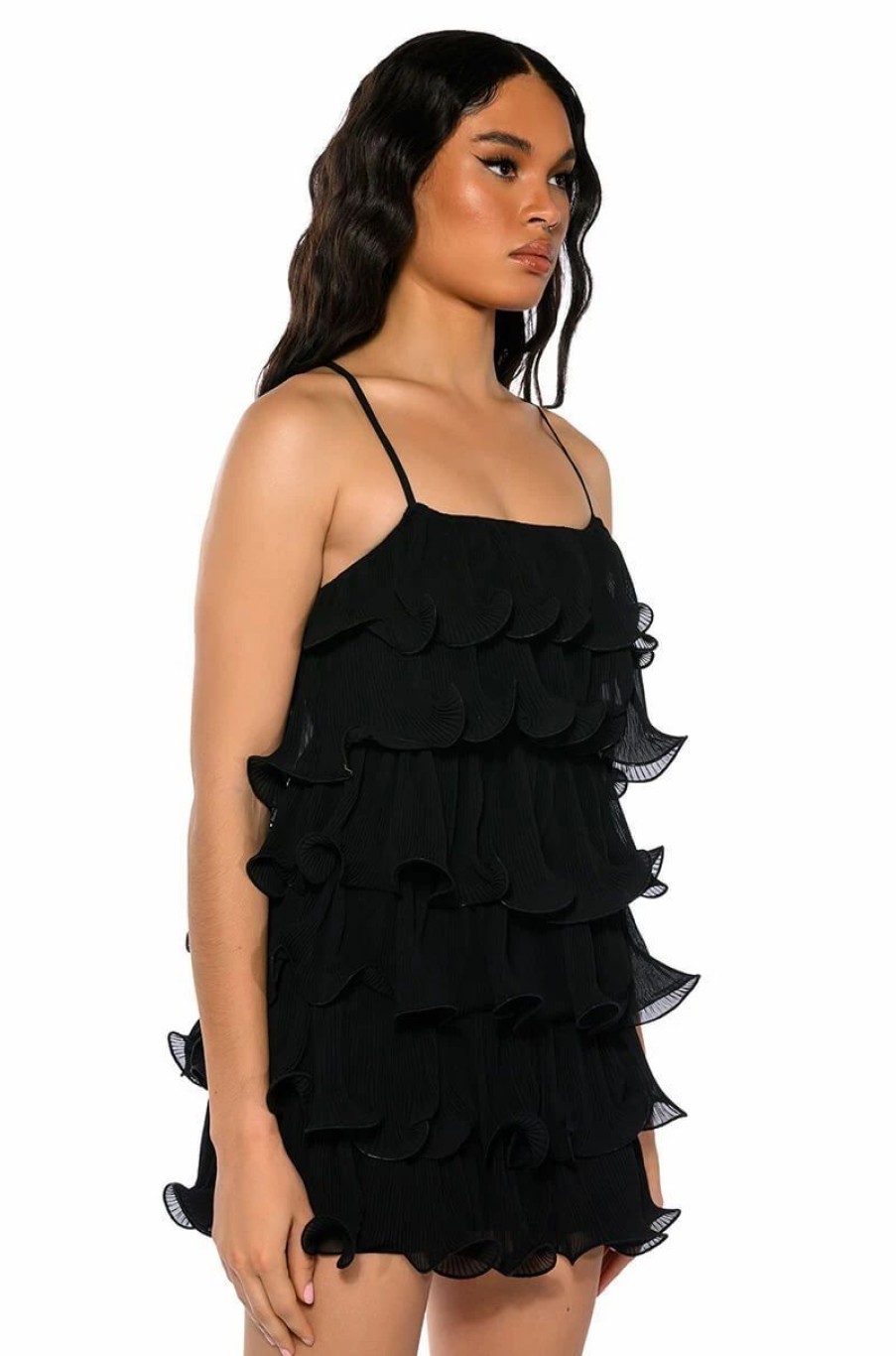 Mini Dresses * | Sweetie Pleated Ruffle Sleeveless Mini Dress Black