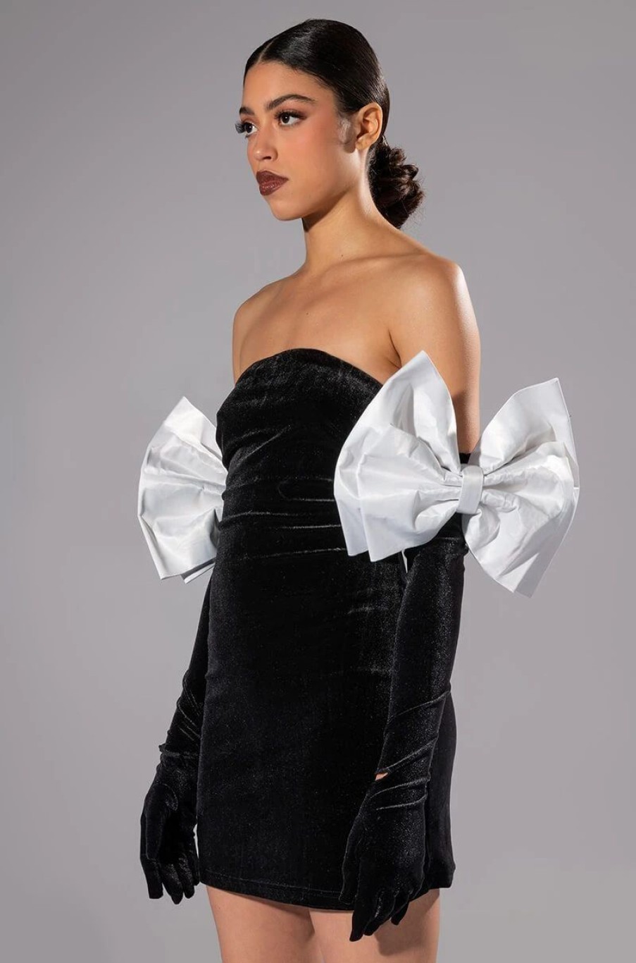 Party Dresses * | Shes Fancy Mini Dress With Glove And Bow Arm Accents Black White