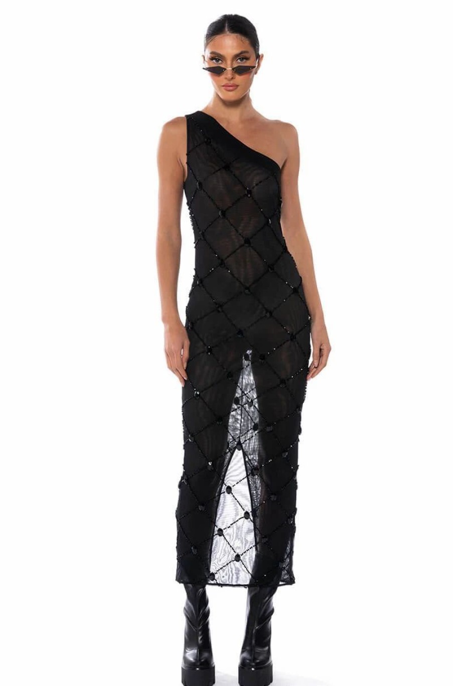 Sexy Dresses * | Cross Me Mesh Rhinestone Dress In Black