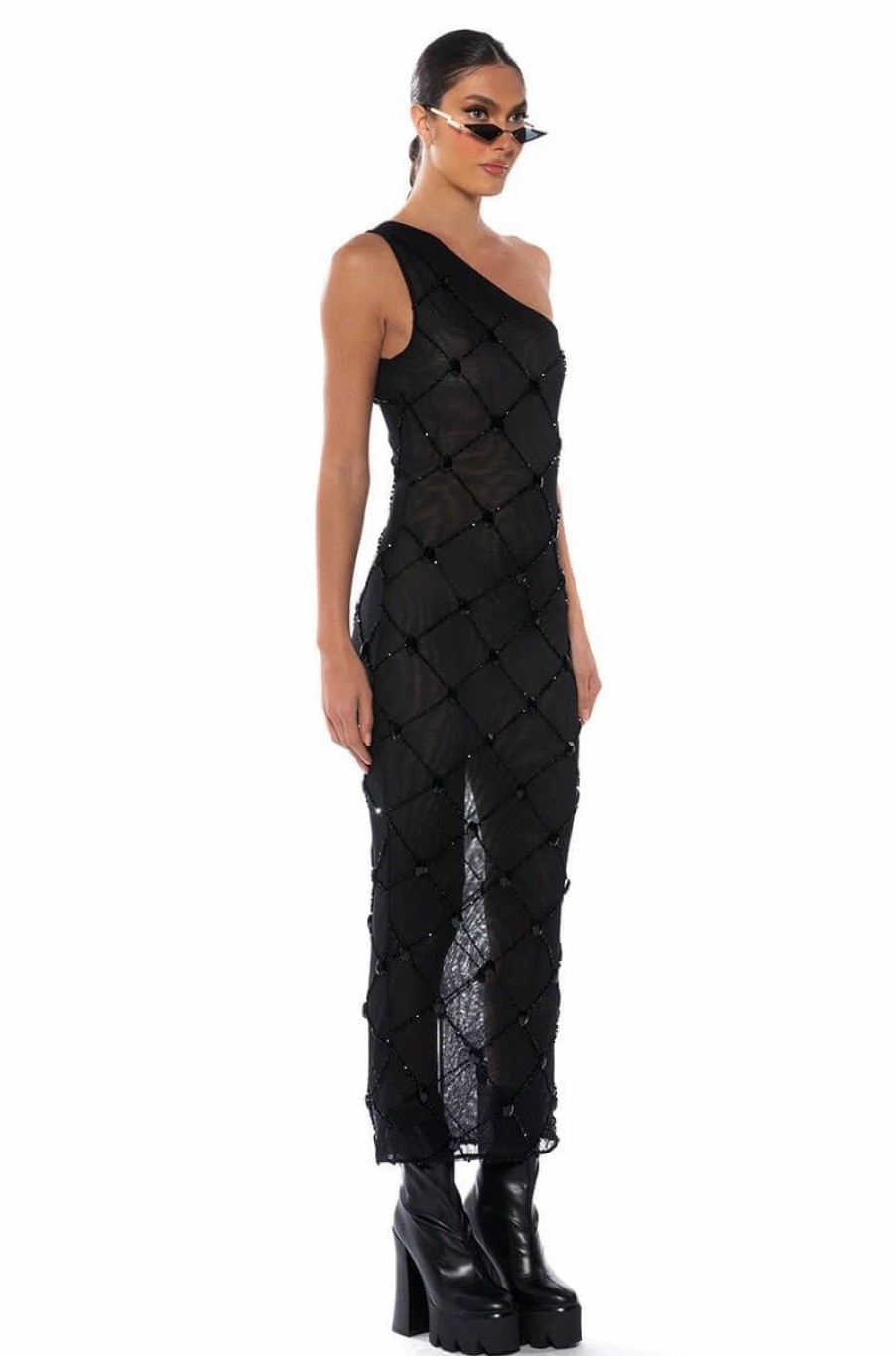 Sexy Dresses * | Cross Me Mesh Rhinestone Dress In Black