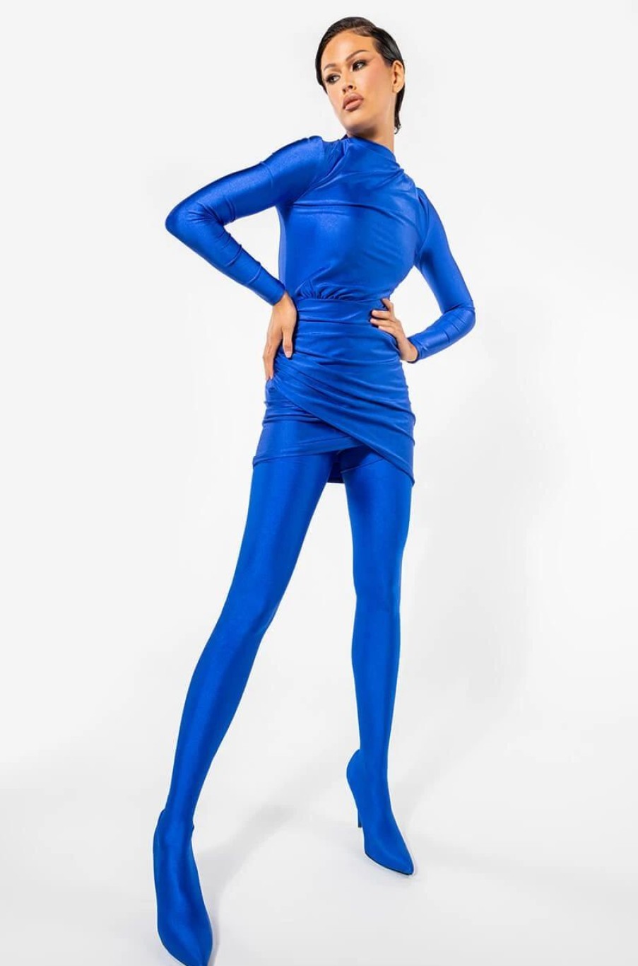 Sexy Dresses * | Star Stretch Long Sleeve Mock Neck Ruched Mini Dress In Royal Blue