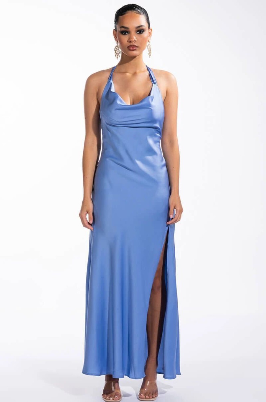 Sexy Dresses * | Simplicity Satin Halter Maxi Dress Blue