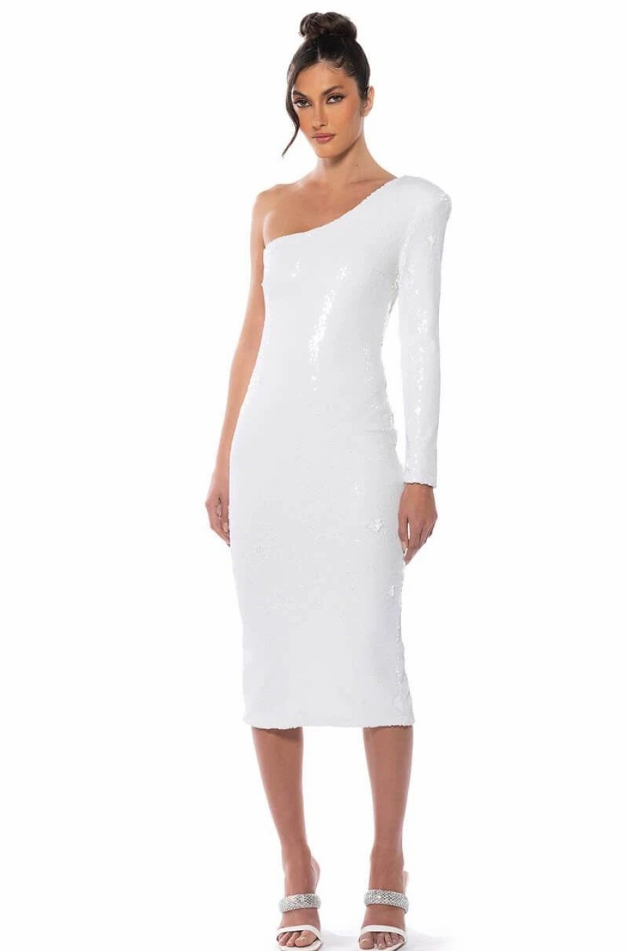 Sexy Dresses * | Moonlight One Shoulder Sequin Midi Dress White