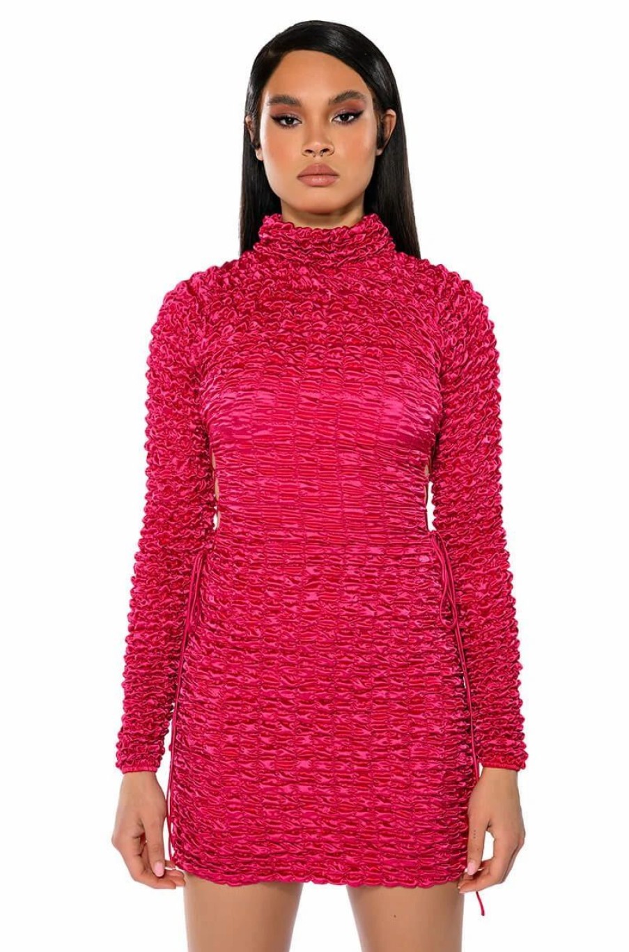 Sexy Dresses * | Beautiful Soul Bubble Stretch Long Sleeve Mini Dress Fuchsia