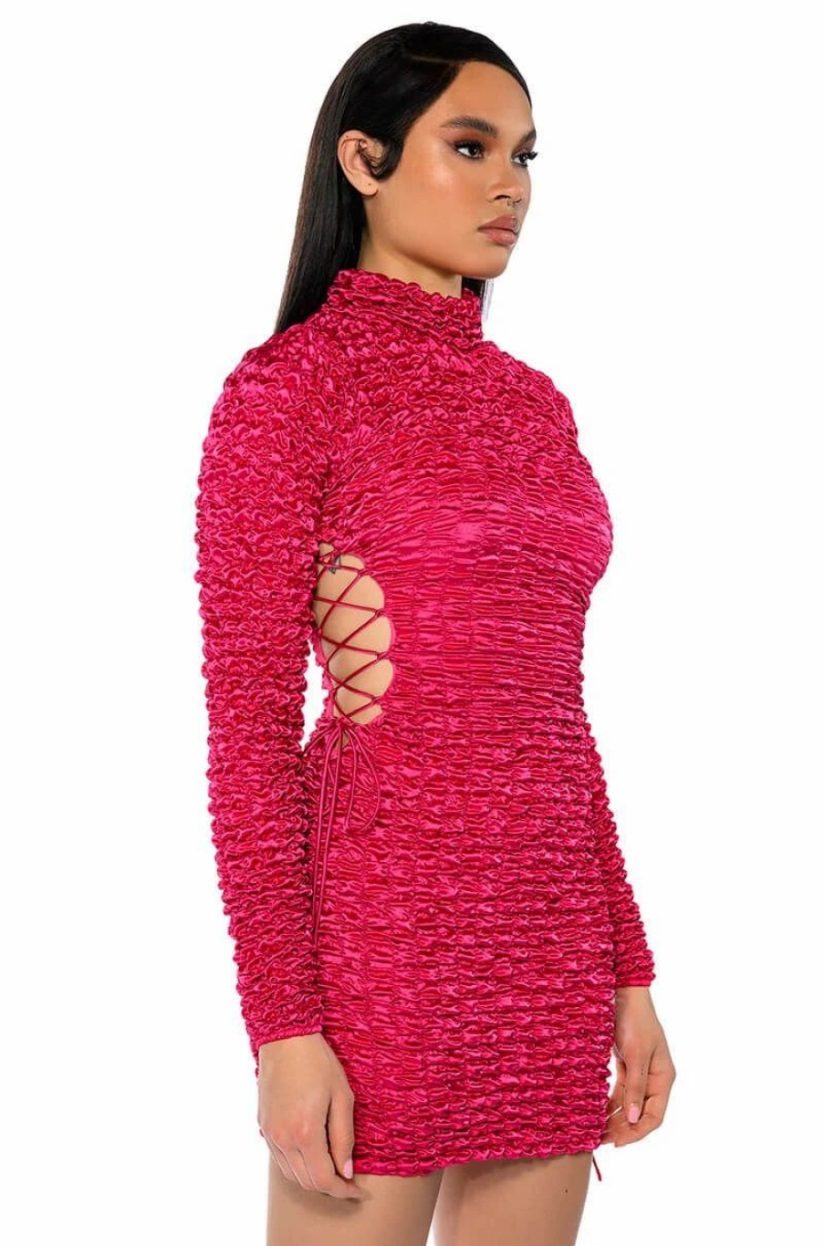 Sexy Dresses * | Beautiful Soul Bubble Stretch Long Sleeve Mini Dress Fuchsia