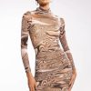 Sexy Dresses * | Talk About It Midi Ruched Mesh Dress Brown Multi