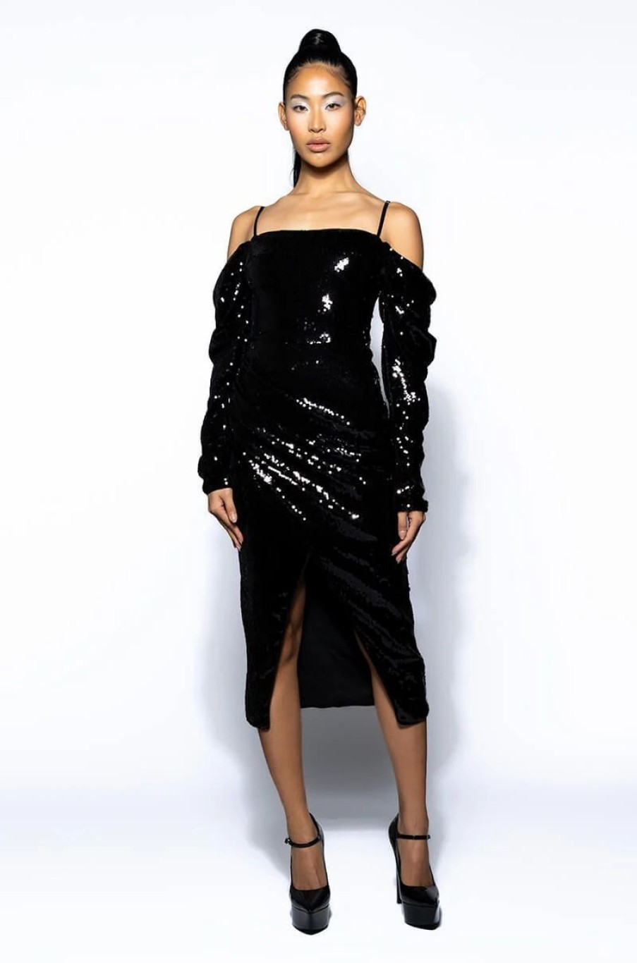 Party Dresses * | Imogen Off The Shoulder Long Sleeve Sequin Midi Dress Black