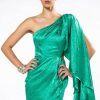 Mini Dresses * | Curtain Call One Shoulder Cascading Sleeve Satin Mini Dress Green