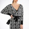 Mini Dresses * | Wrap Front Geometric Knit Mini Dress Black White