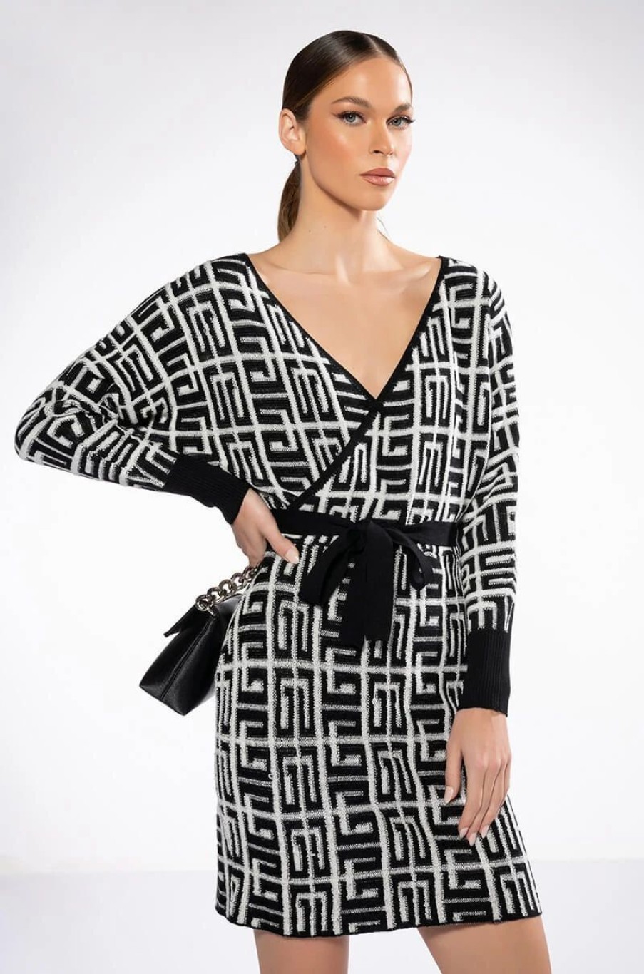 Mini Dresses * | Wrap Front Geometric Knit Mini Dress Black White