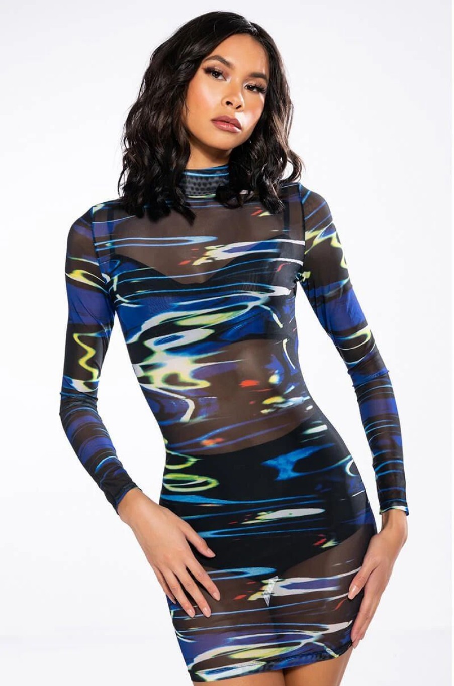 Mini Dresses * | Yona Mesh Long Sleeve Mini Dress Blue