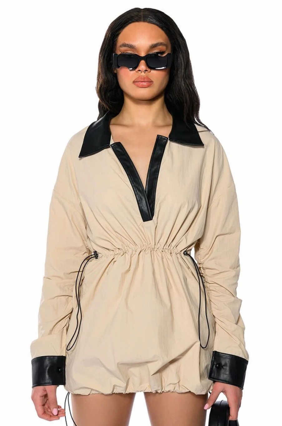 Mini Dresses * | Swipe Right Cut Out Waist Long Sleeve Mini Dress Beige Multi