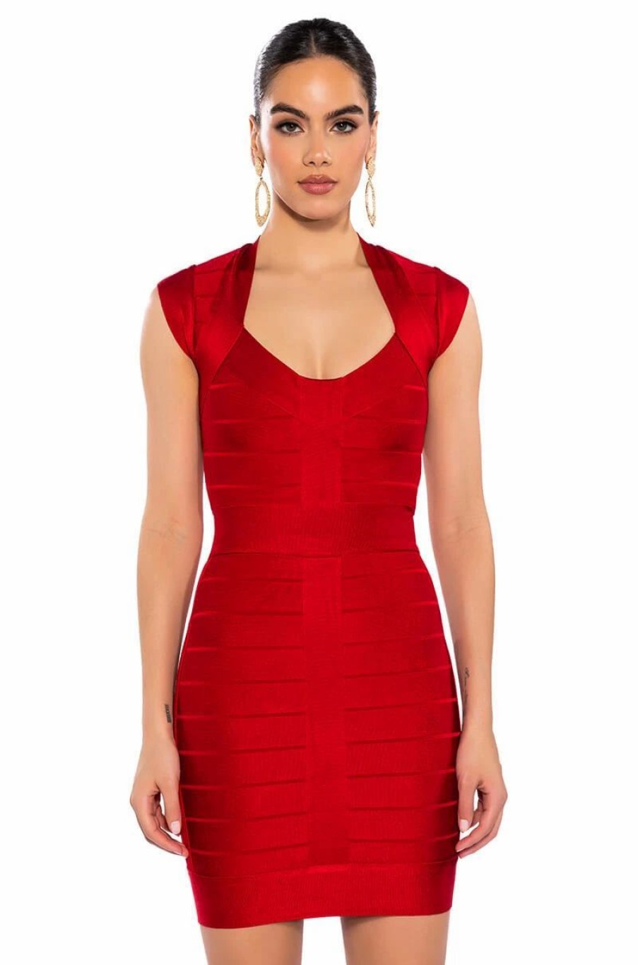 Mini Dresses * | Mila Cap Sleeve Soft Bandage Mini Dress In Red