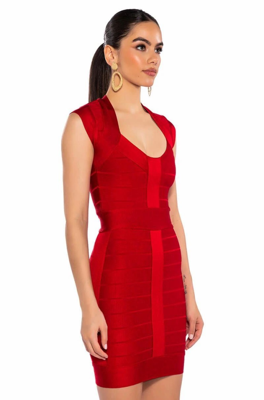 Mini Dresses * | Mila Cap Sleeve Soft Bandage Mini Dress In Red