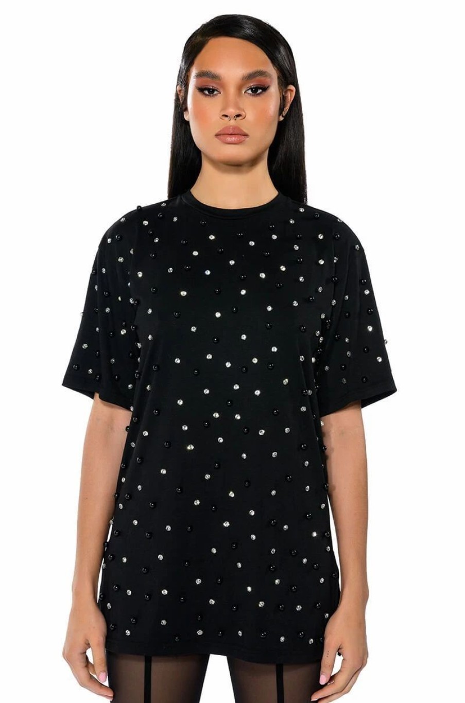 Mini Dresses * | Cece Embellished Oversized T Shirt Black