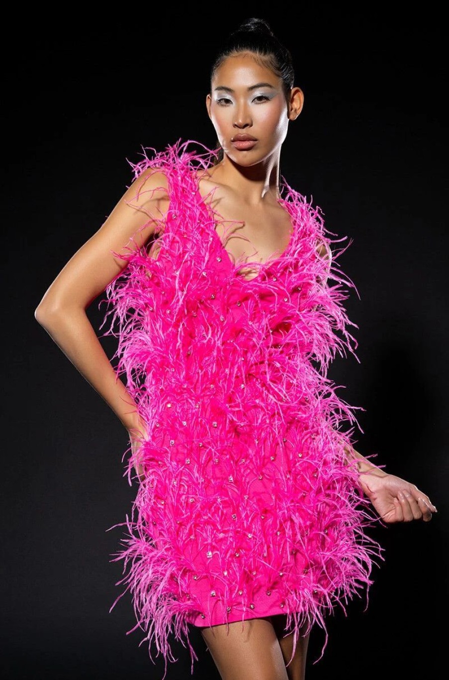 Party Dresses * | Rendezvous Sleeveless Feather Mini Dress In Pink Fuchsia