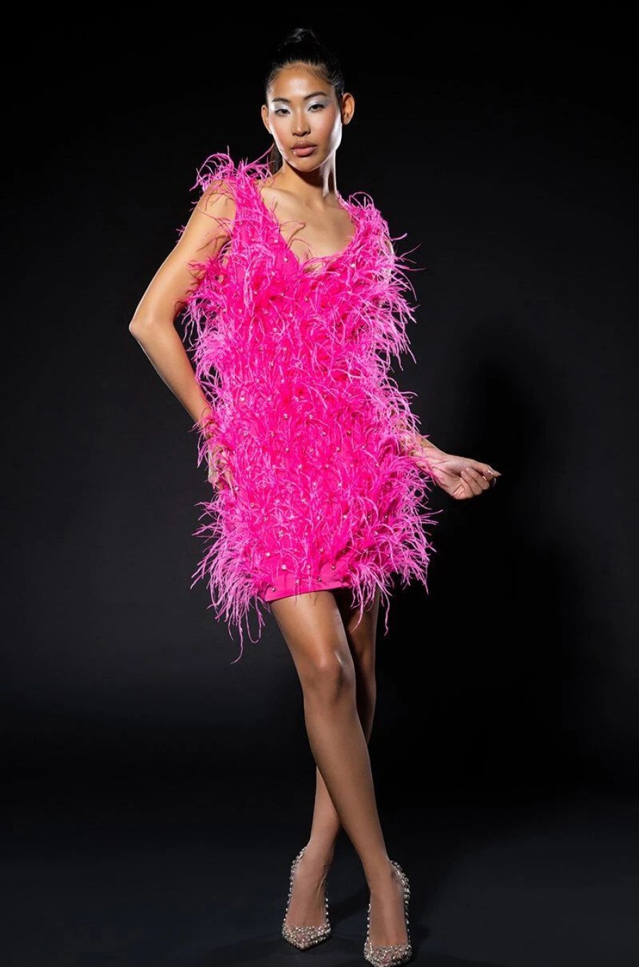 Party Dresses * | Rendezvous Sleeveless Feather Mini Dress In Pink Fuchsia