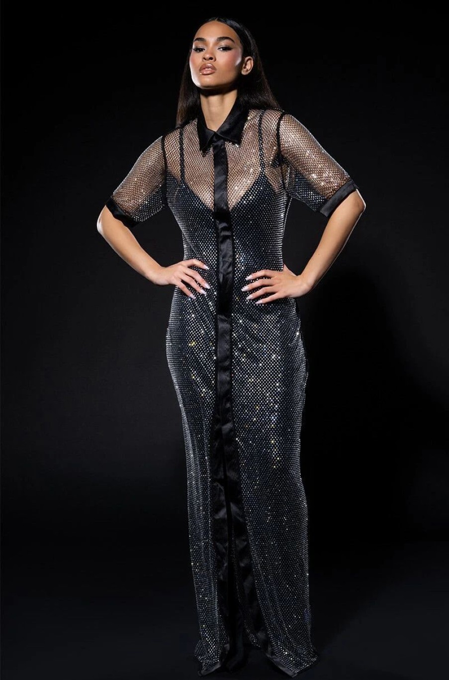 Maxi Dresses * | All Eyes Sparkle Rhinestone Polo Maxi Dress Black