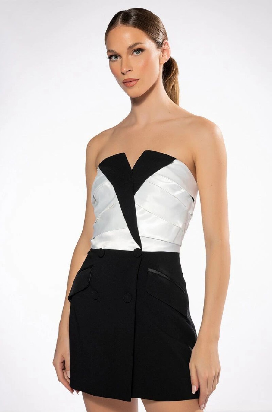 Mini Dresses * | Vivian Tuxedo Detail Strapless Mini Dress White Black