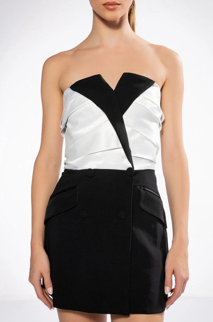 Mini Dresses * | Vivian Tuxedo Detail Strapless Mini Dress White Black