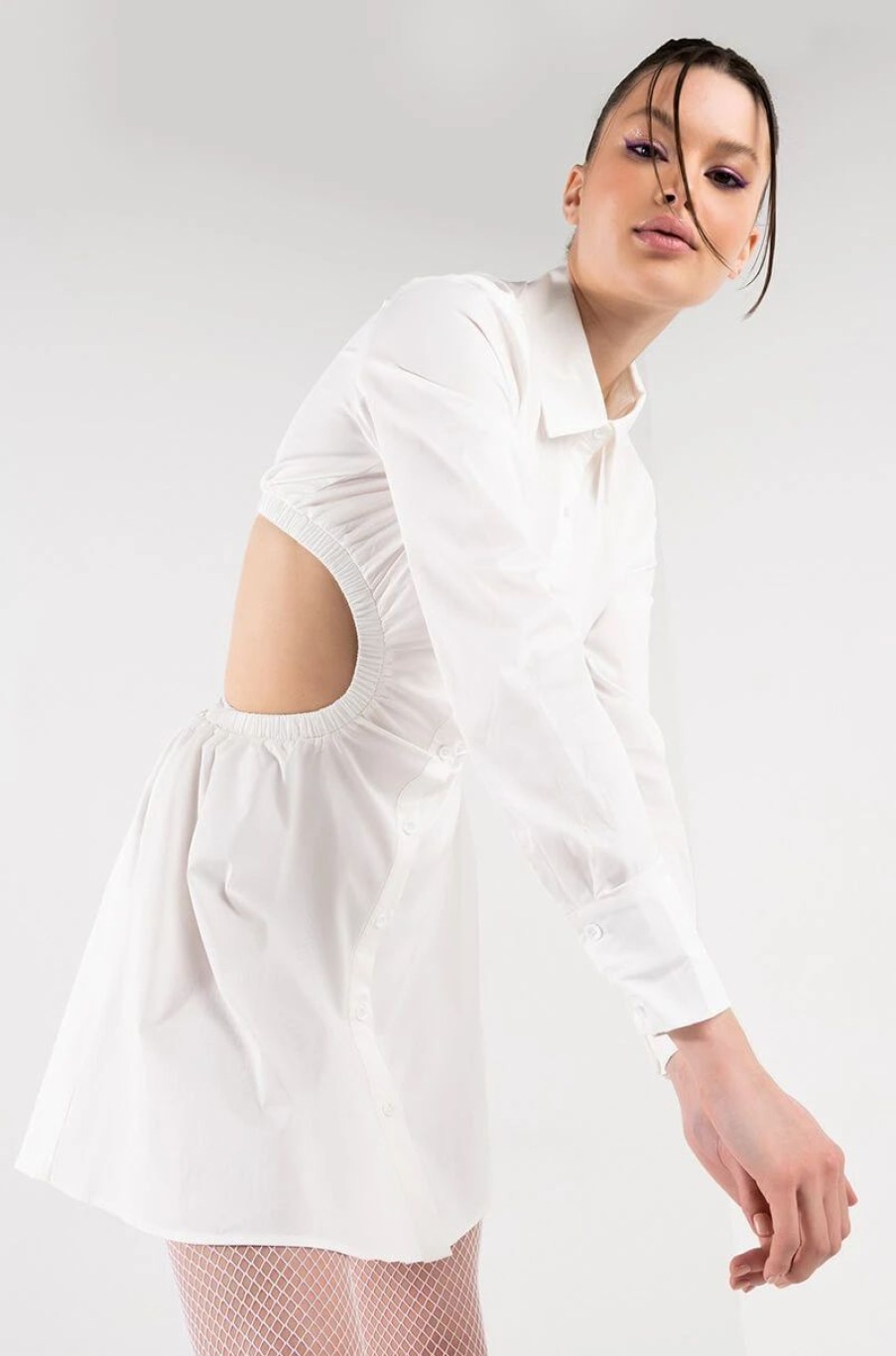 Mini Dresses * | Such A Look Open Back Button Up Fit And Flare Mini Dress White