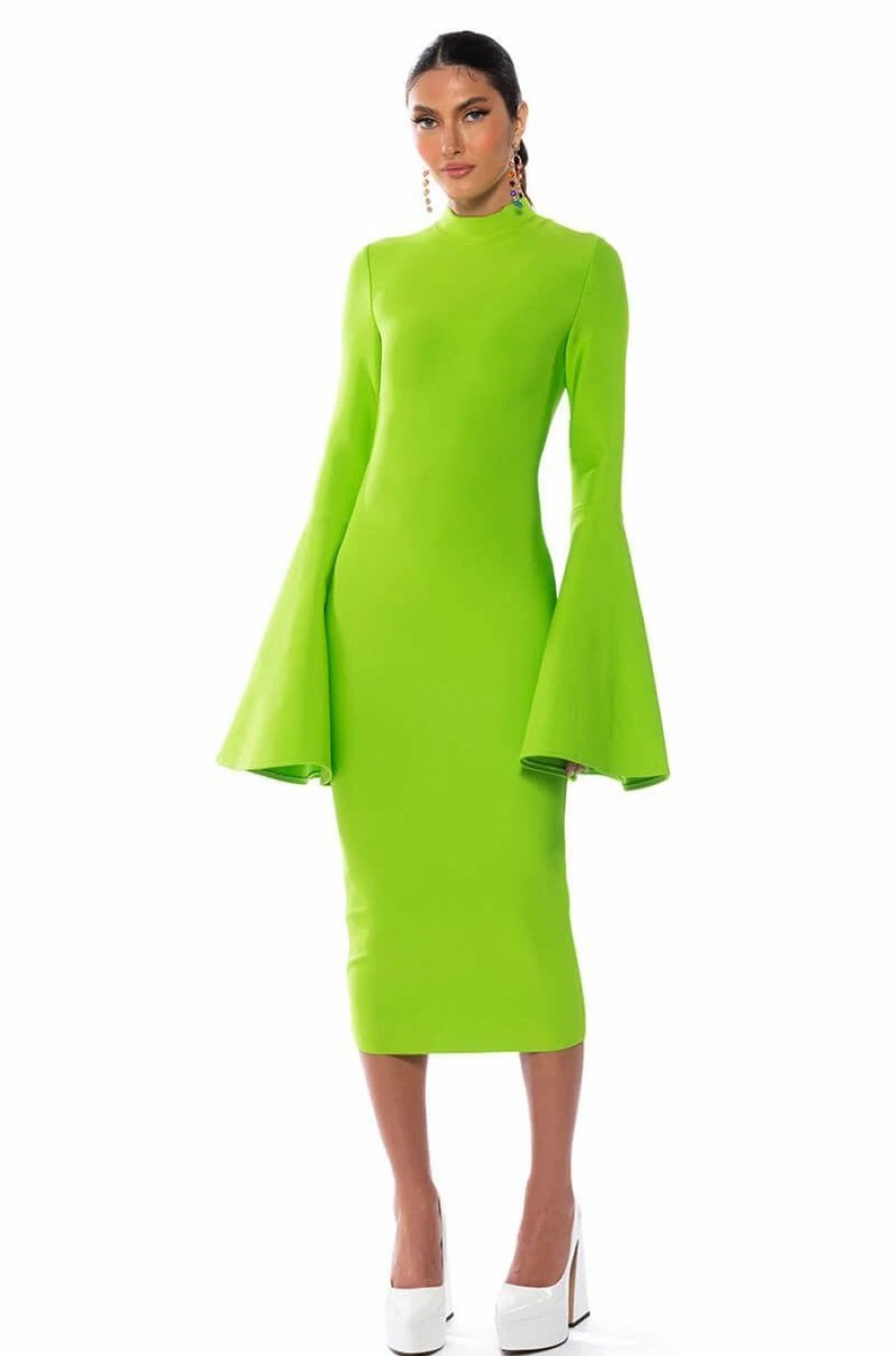 Sexy Dresses * | Lady Long Sleeve Midi Bandage Dress Lime