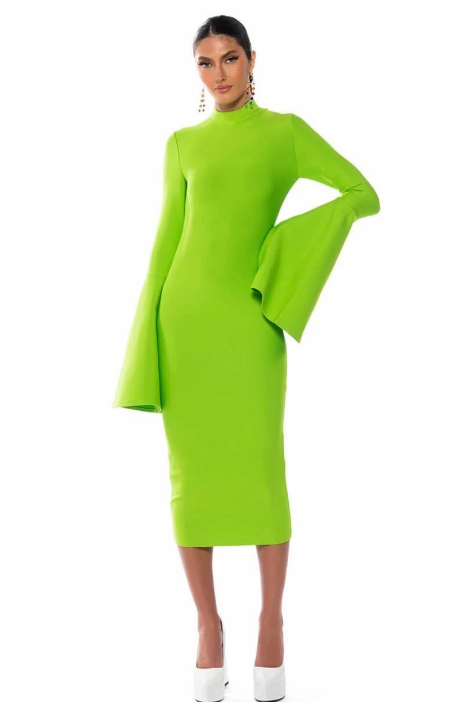 Sexy Dresses * | Lady Long Sleeve Midi Bandage Dress Lime