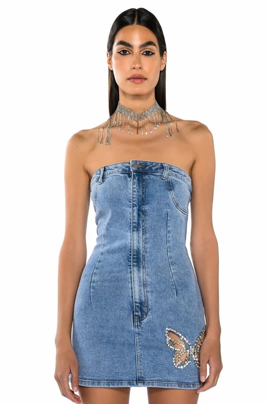 Mini Dresses * | Butterfly Kiss Embellished Denim Mini Tube Dress Light Blue