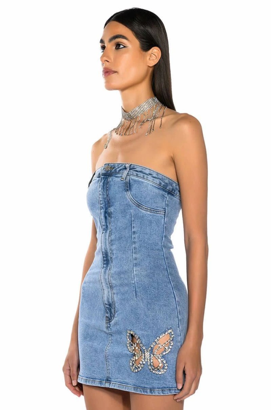 Mini Dresses * | Butterfly Kiss Embellished Denim Mini Tube Dress Light Blue