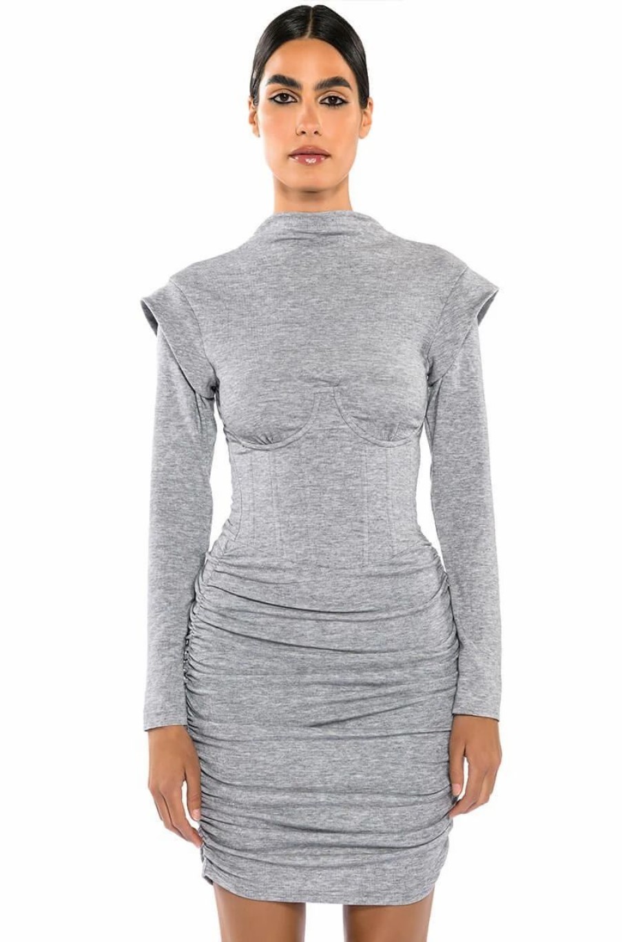 Mini Dresses * | Thea Corseted Knit Long Sleeve Mini Dress Heather Grey