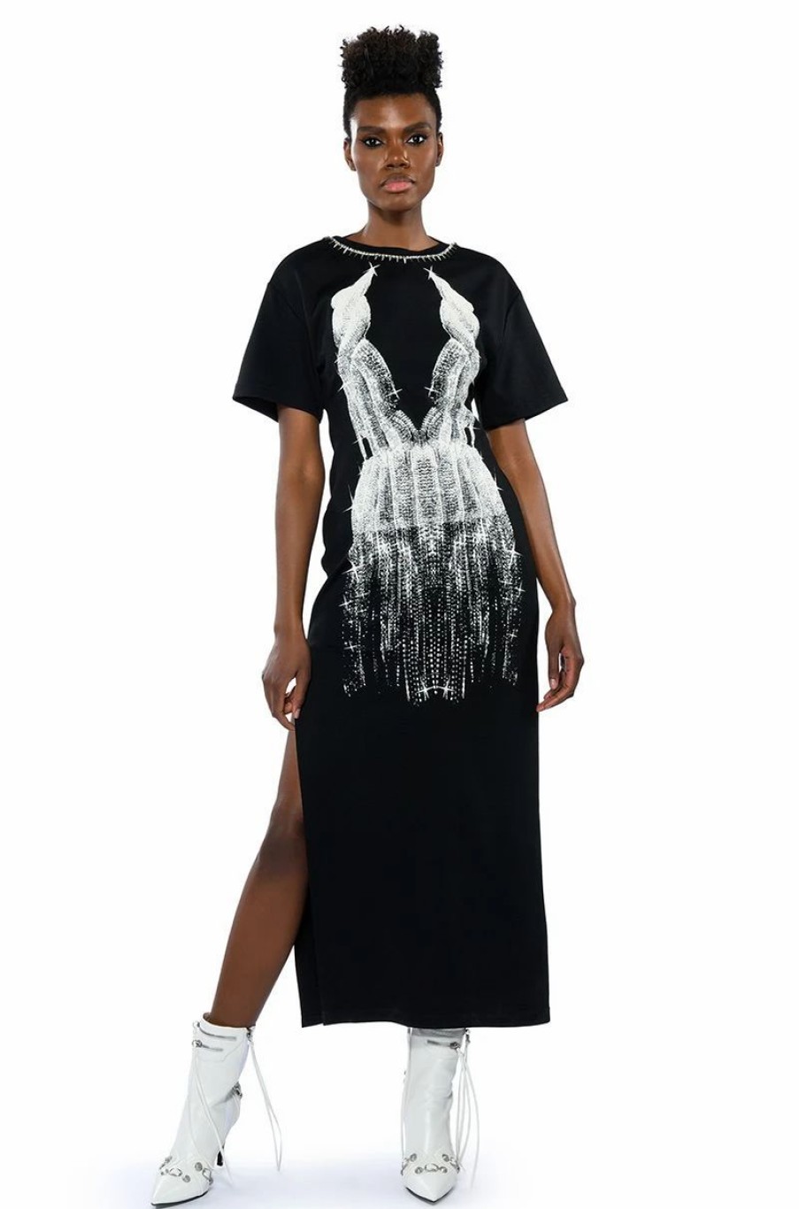 Maxi Dresses * | Illusions Embellished Spike Detail Graphic Maxi Dress Black