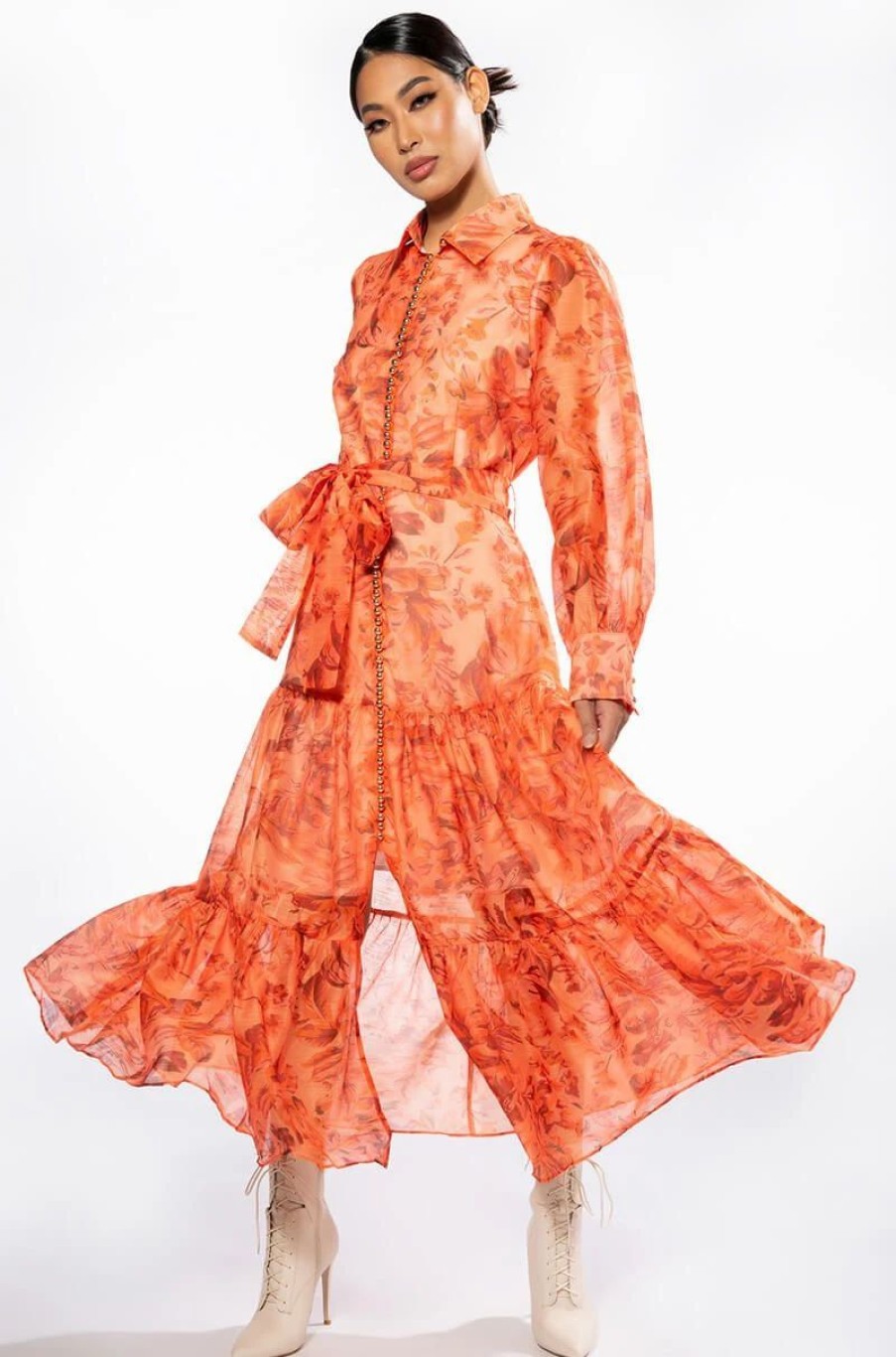 Maxi Dresses * | Pure Romance Long Sleeve Floral Print Maxi Dress Orange