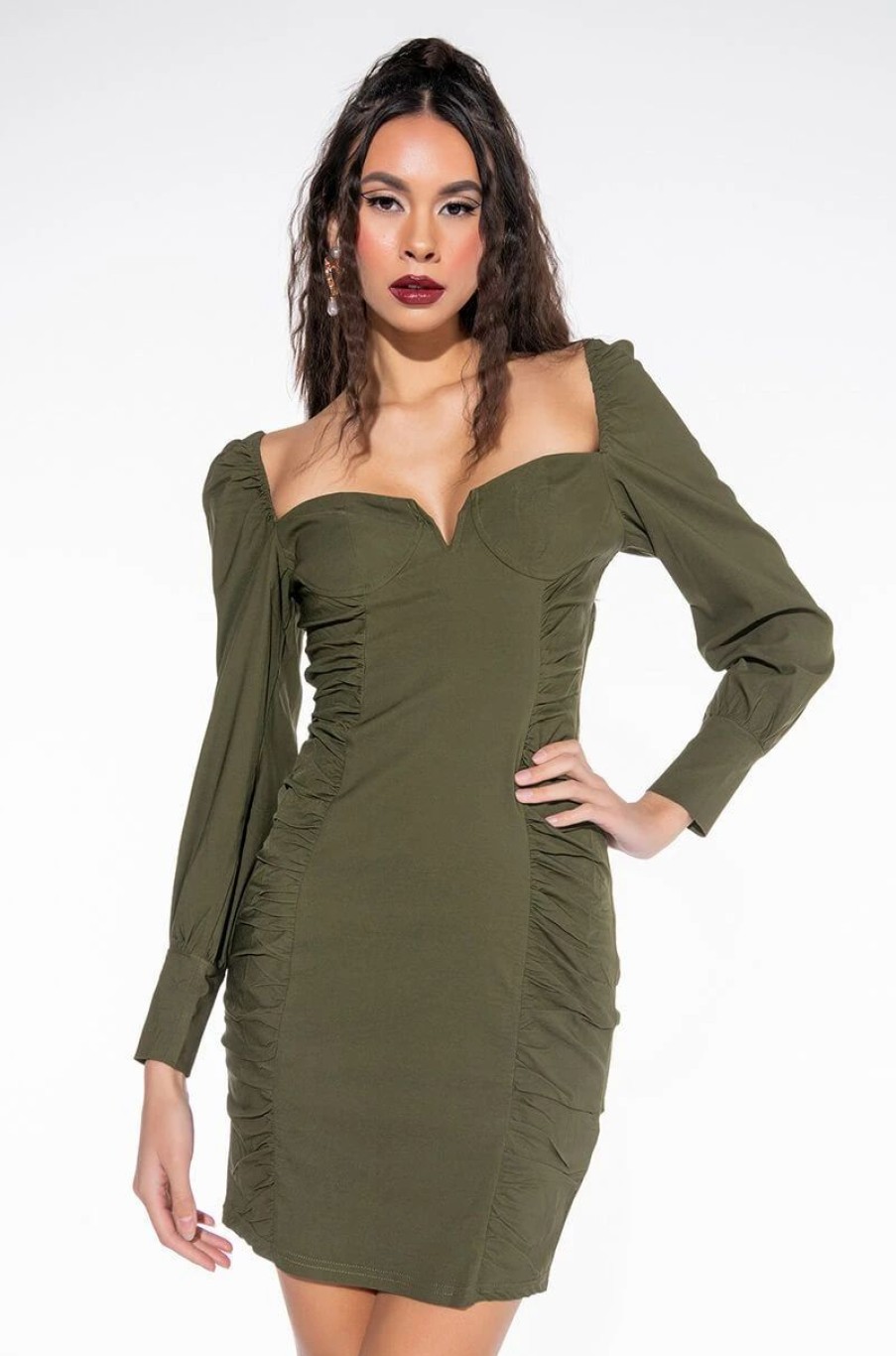 Mini Dresses * | Whatever She Likes Long Sleeve Ruched Mini Dress Olive