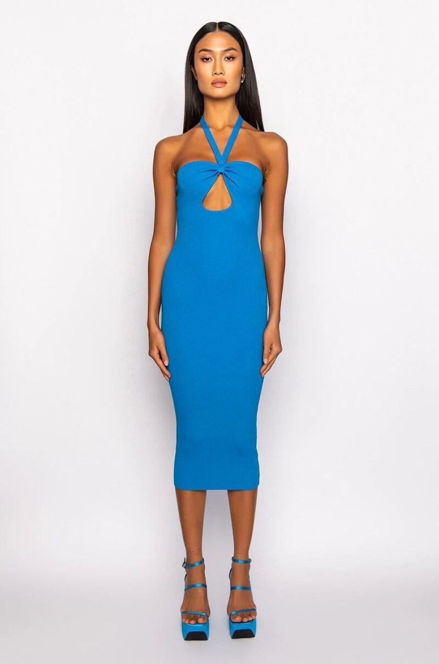 Sexy Dresses * | Cutout Sweater Ribbed Midi Dress Blue