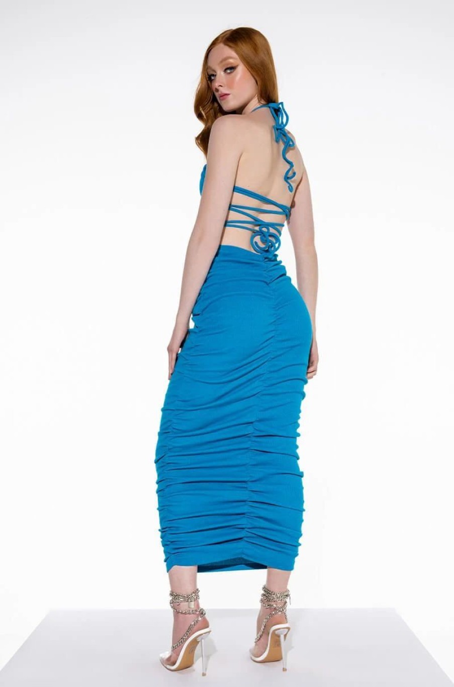 Sexy Dresses * | Ruched Lace Up Back Midi Dress Blue