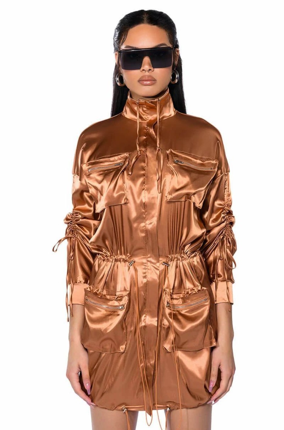 Party Dresses * | On The Road Satin Utility Mini Dress Gold