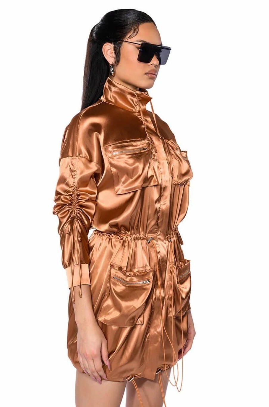 Party Dresses * | On The Road Satin Utility Mini Dress Gold