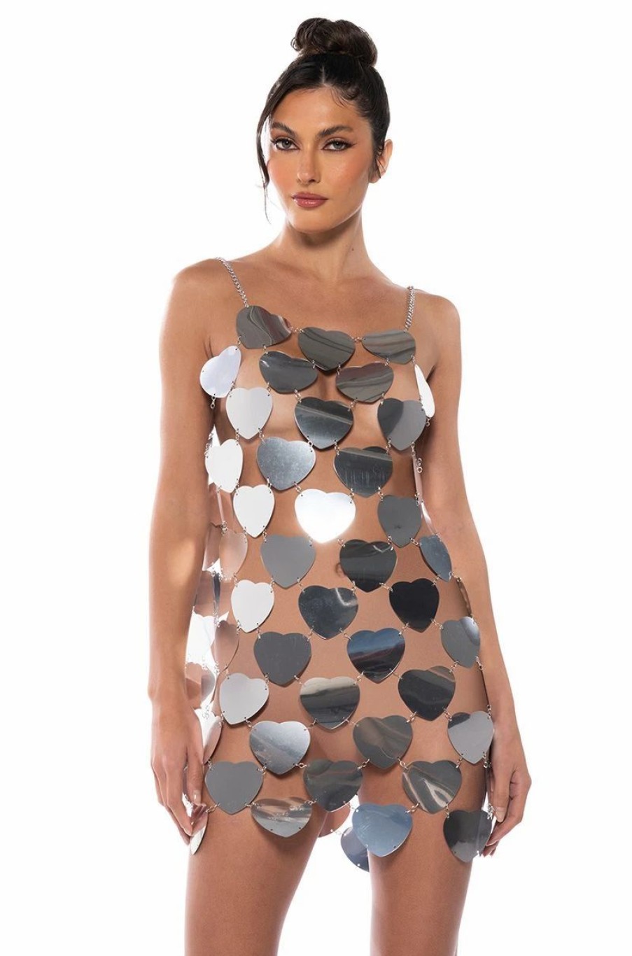 Party Dresses * | Fantasy Heart Metallic Mini Dress Silver