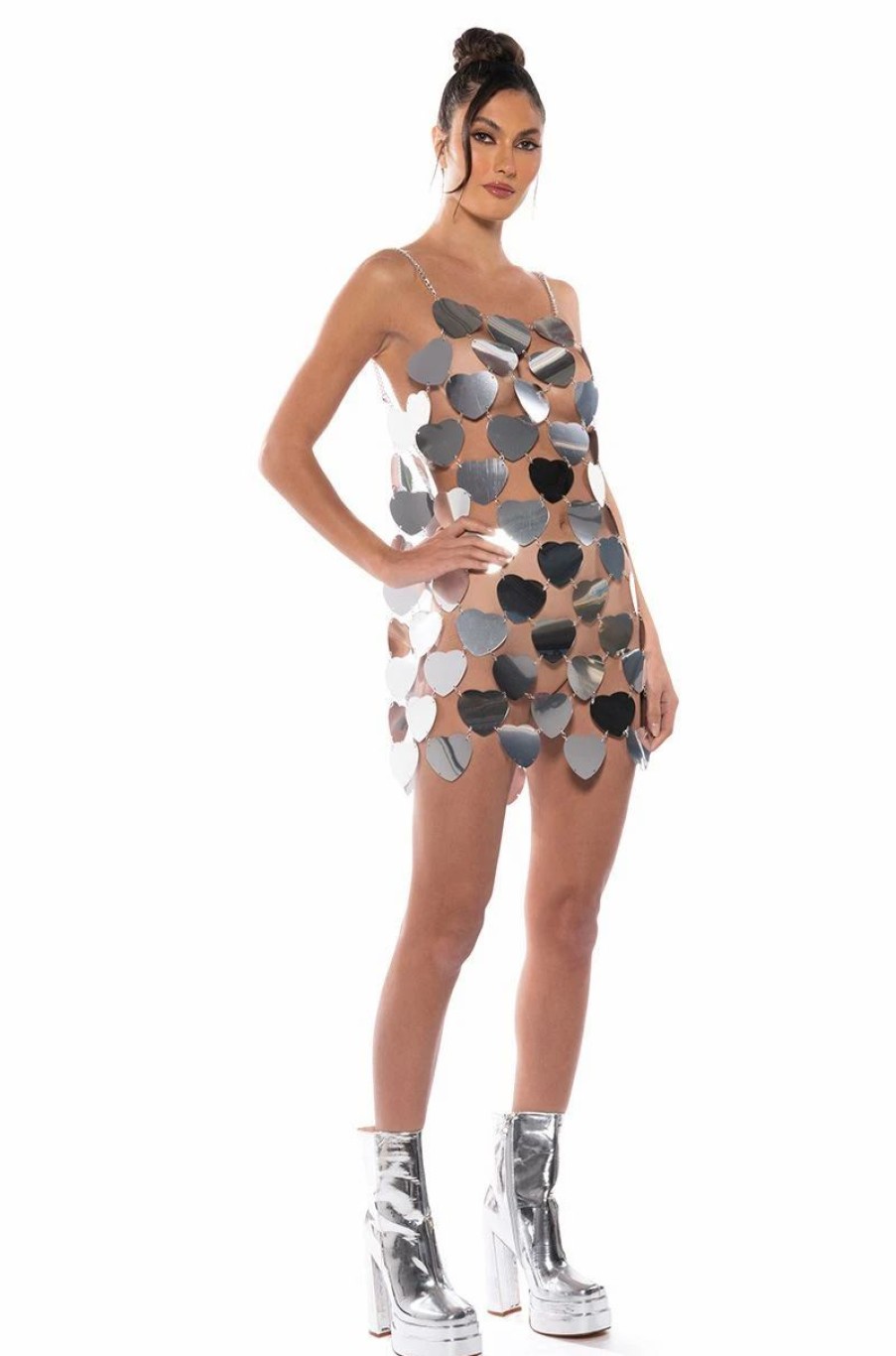 Party Dresses * | Fantasy Heart Metallic Mini Dress Silver