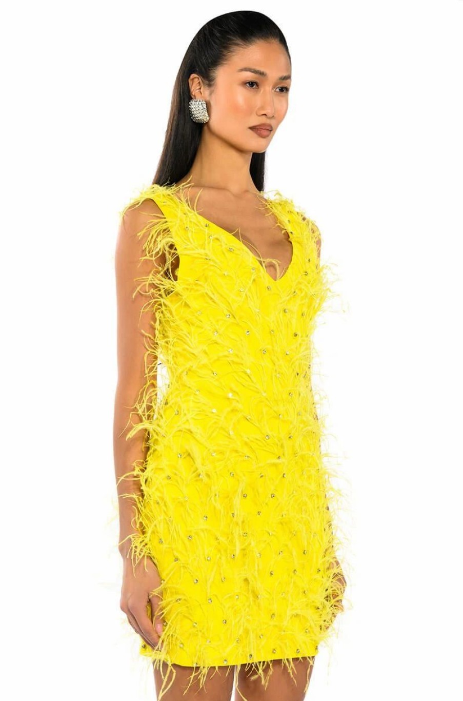 Party Dresses * | Rendezvous Sleeveless Feather Mini Dress In Yellow